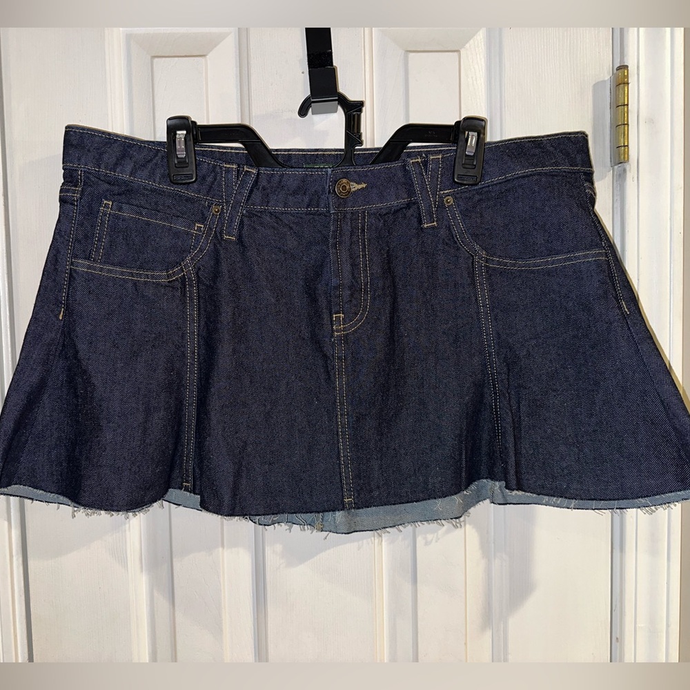 Denim Flare Dark Blue Mini Skirt with Fringe Bottom - Size 14 NWOT 100% cotton